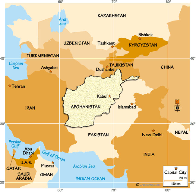 Map showing Kabul and Afghanistan surrounded by other Asian nations.