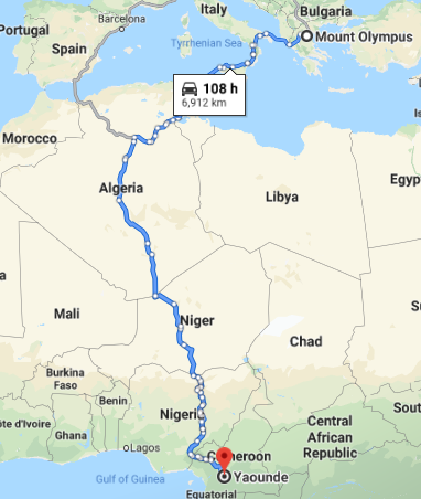 Map of travel from Mount Olympus to Yaounde, Cameroon